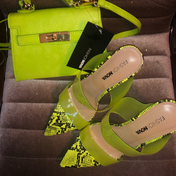 lime green shoes and matching bag